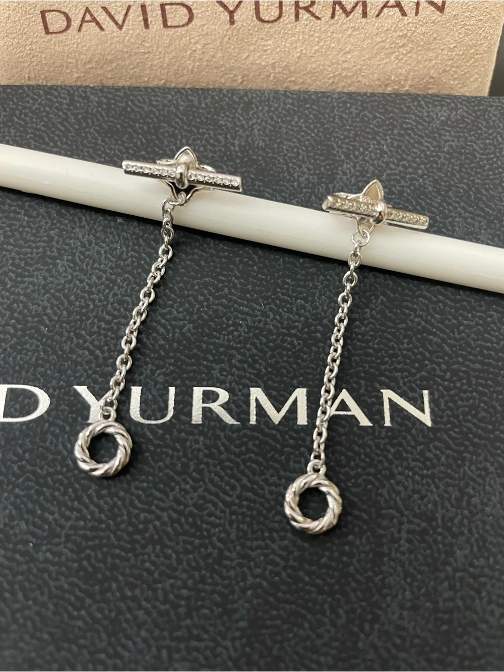 David Yurman Silver Twisted Cable Drop Chain Earrings with Pave Bars